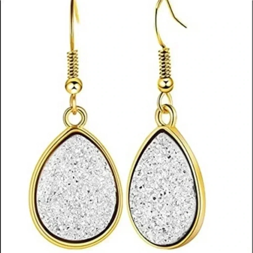 Diamondesque Faux Druzy Gold Drop Hook Earrings NWT
